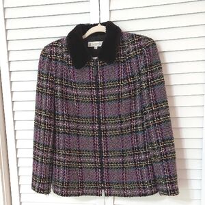 D.Terrell Jacket, Sz L, Tweed‎ Plaid Knit, Purple, Green, Black, Faux Fur Collar